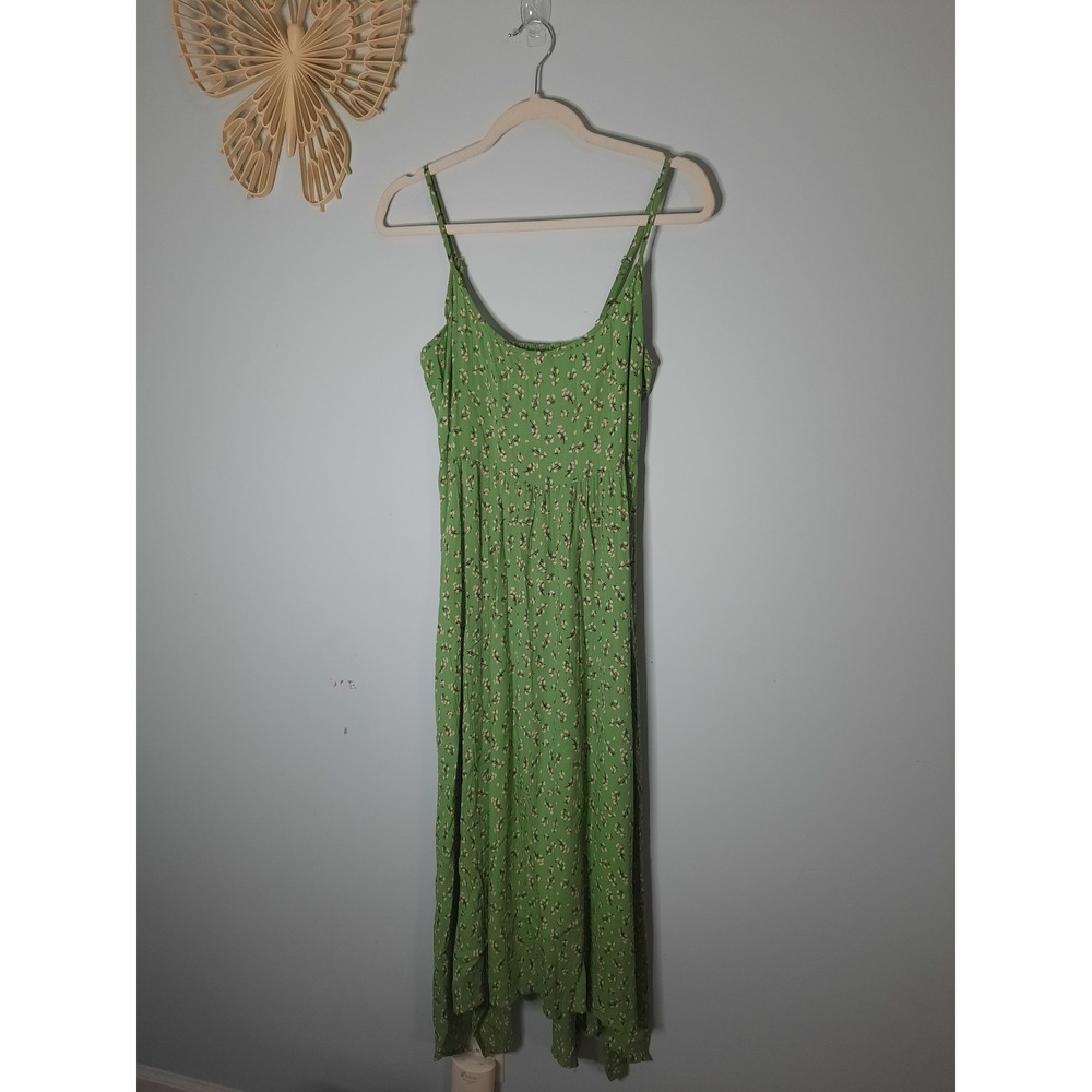 Angie Green Floral Rayon Midi Dress Small Smocked Back Sharkbite Hem Sundress